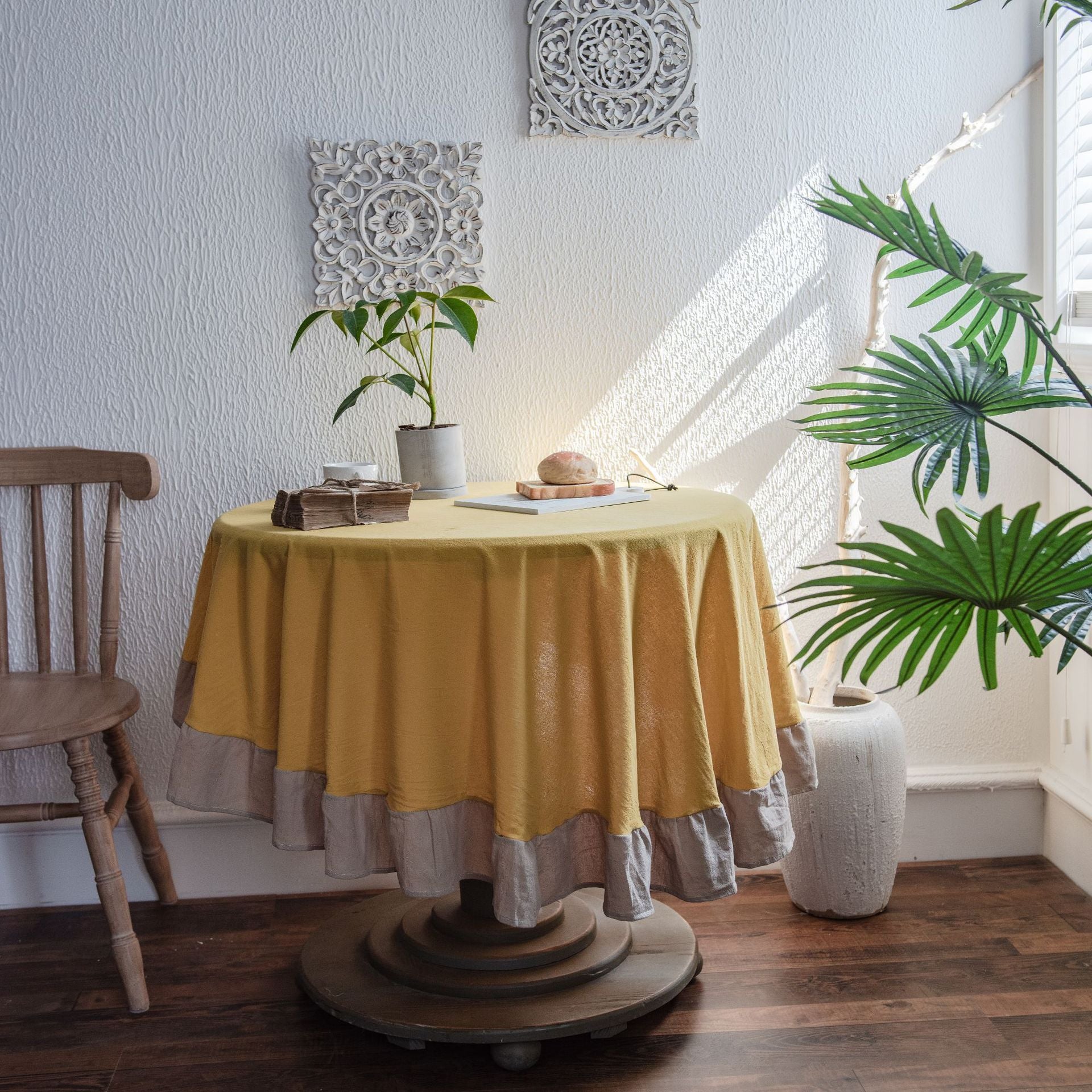 Ruffled Polyester Linen Plain Round Table Tablecloth