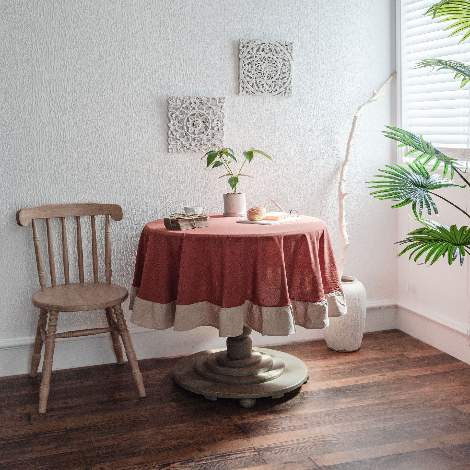Ruffled Polyester Linen Plain Round Table Tablecloth