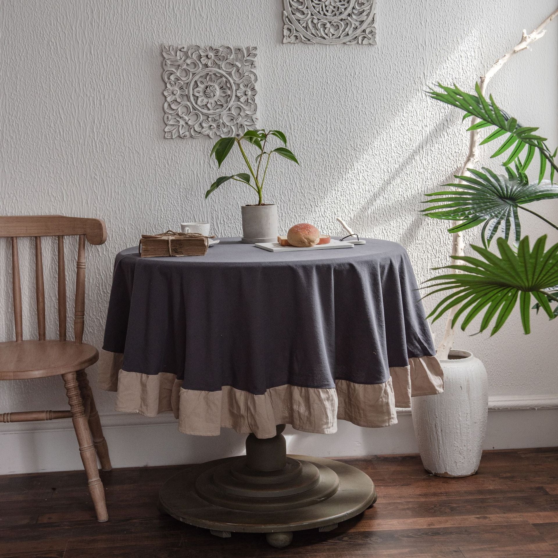 Ruffled Polyester Linen Plain Round Table Tablecloth